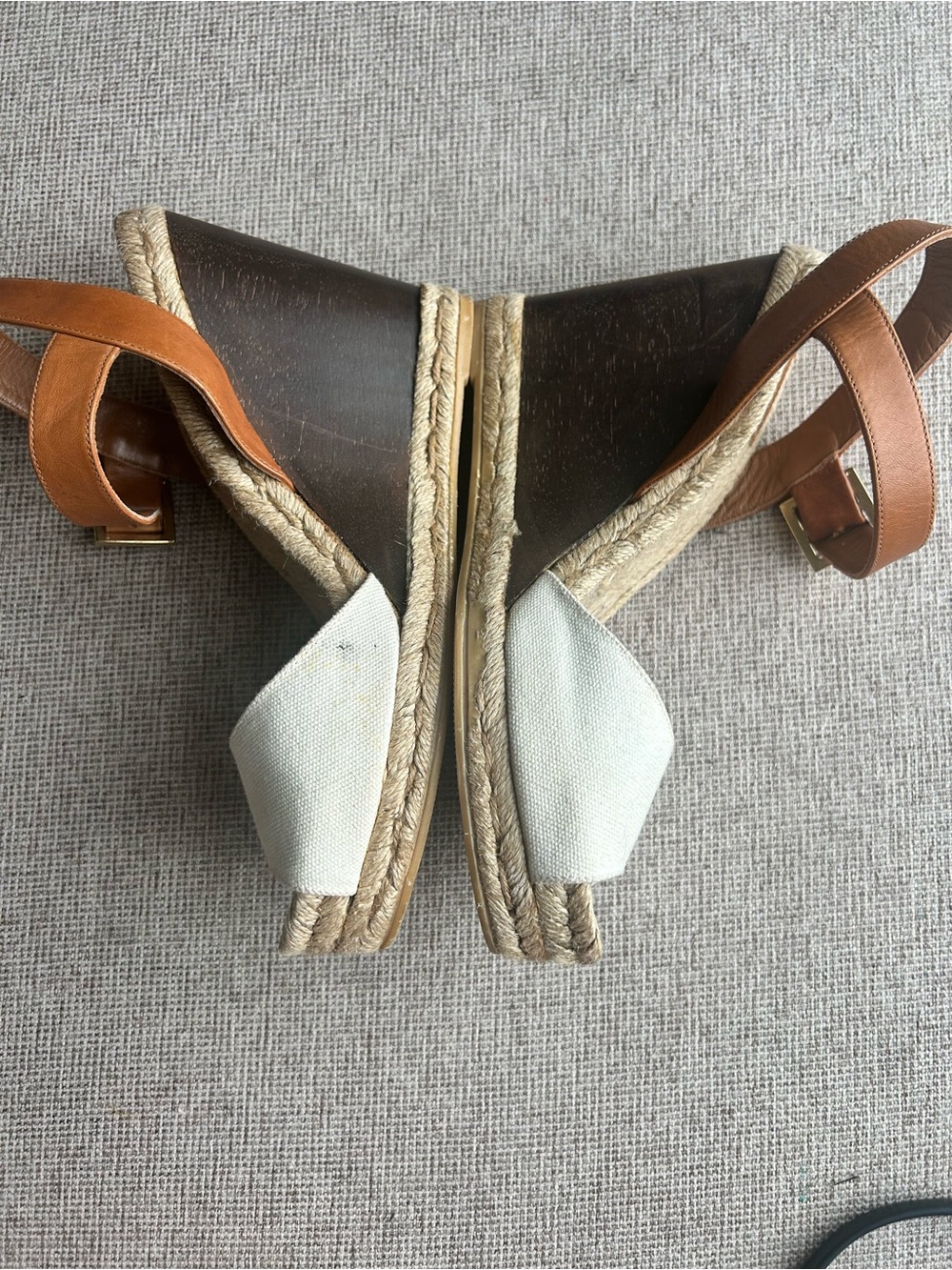 Tory Burch Brown Leather and Tan Strap Espadrille Wedges with White Canvas Heel